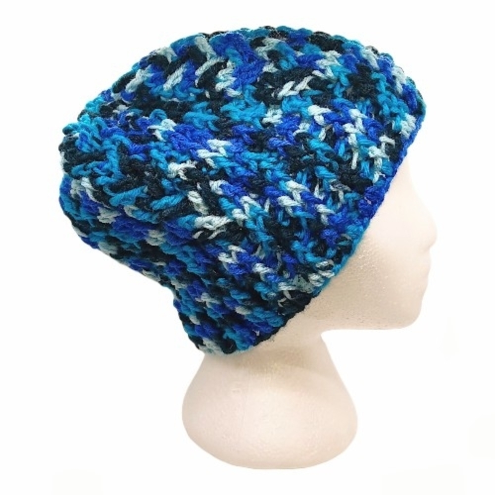 HANDMADE Blue, White, & Black Cable Knit Hand Crochet Unisex Winter Beanie Hat